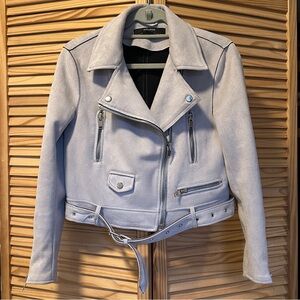 Zara Suede Basic Outerwear Moto Jacket L Large Grey Blue